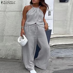 잔제 여성 2025 여름 팬츠 세트 2피스 패션 민소매 홀터넥 탑 & 밴딩 팬츠 2PCS 의상 스트릿웨어