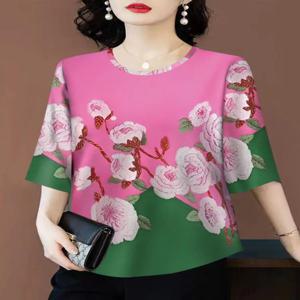 2025년 신상 여성 민소매 하이 패션 프린트 베이스 셔츠 루즈핏 배 커버 슬리밍 엄마 스타일 포켓 손수건 포함