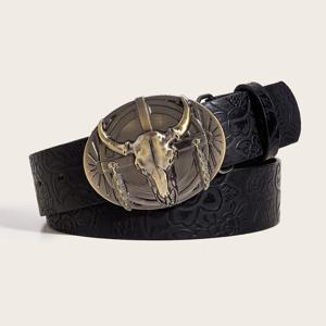 서양식 소머리 버클 모란 무늬 PU 가죽 벨트 패셔너블하고 캐주얼합니다.