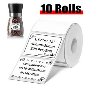 흰색 열전사 라벨 스티커 10롤 40X30Mm, 각 롤에는 라벨 스티커 200개가 포함되어 있으며, 홈 오피스 라벨, M110/M220/M221/M120/P50 휴대용 라벨 프린터와 호환됩니다.
