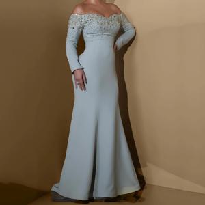 맞춤형 A라인 이브닝 드레스 바닥 길이 오프숄더 긴 소매 프롬 가운 패션 스팽글 크리스탈 드레이프 파티 가운