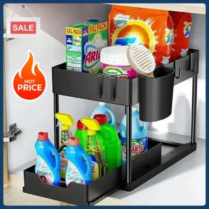 새로운 2단 싱크대 아래 수납 정리함 슬라이딩 캐비닛 바구니 (후크 포함, 컵 걸이) - 새로운 욕실/주방 공간 절약형 선반