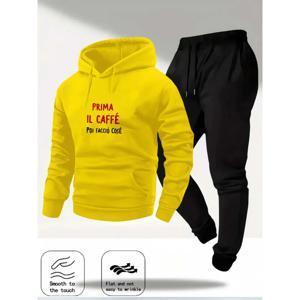 프리마 일 카페 포이 파치오 코세 텍스트 디자인 캐주얼 웨어 커피 애호가를 위한 편안한 후드티 세트 노란색 프린트 스웨트셔츠 & 팬츠