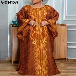 플러스 사이즈 VONDA 여성용 보헤미안 롱 맥시 원피스, 긴 플레어 슬리브, 가을 프린트 베스티도, 빈티지 캐주얼, 루즈 오버사이즈 선드레스