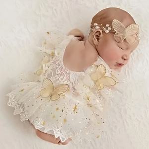 아기 소녀 복장 신생아 사진 공주 투투 나비 반짝이 스타 레이스 Romper 진주 머리띠 유아 사진 소품