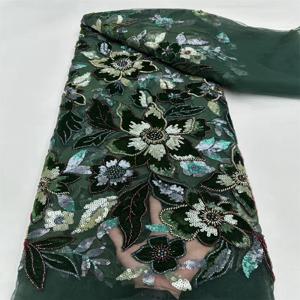 럭셔리 벨벳 레이스 원단 2025 고품질 레이스 아프리카 원단 5야드 자수 그린 벨벳 드레스 원단 웨딩용 A1260-1