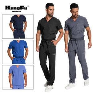 쿵푸 스크럽 남성 수술복 간호사 스크럽 세트 V넥 반팔 바지 의료 작업복 고급 통기성 TRS 원단
