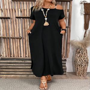 플러스 사이즈 드레스 우아한 슬릿 메탈 버클 싱글 숄더 짧은 소매 큰 사이즈 여성 드레스 홈 오피스 데이트