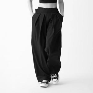 하이웨이스트 스트레이트 레그 캐주얼 수트 팬츠 여성용 가을 드레이프 와이드 레그 팬츠 블랙 레저 바지 매직 테이프 디자인