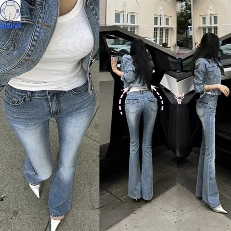 섹시한 하이웨이스트 벨보텀 청바지 여성 슬림핏 롱 팬츠 한국 스타일 포켓 디자인 힙업 롱 레깅스 청바지