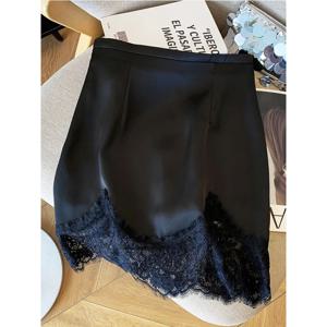 숙녀 패션 레이스 패치 워크 새틴 a 라인 스커트 여름 높은 허리 솔리드 컬러 기질 스커트 여성 의류 단순 스커트