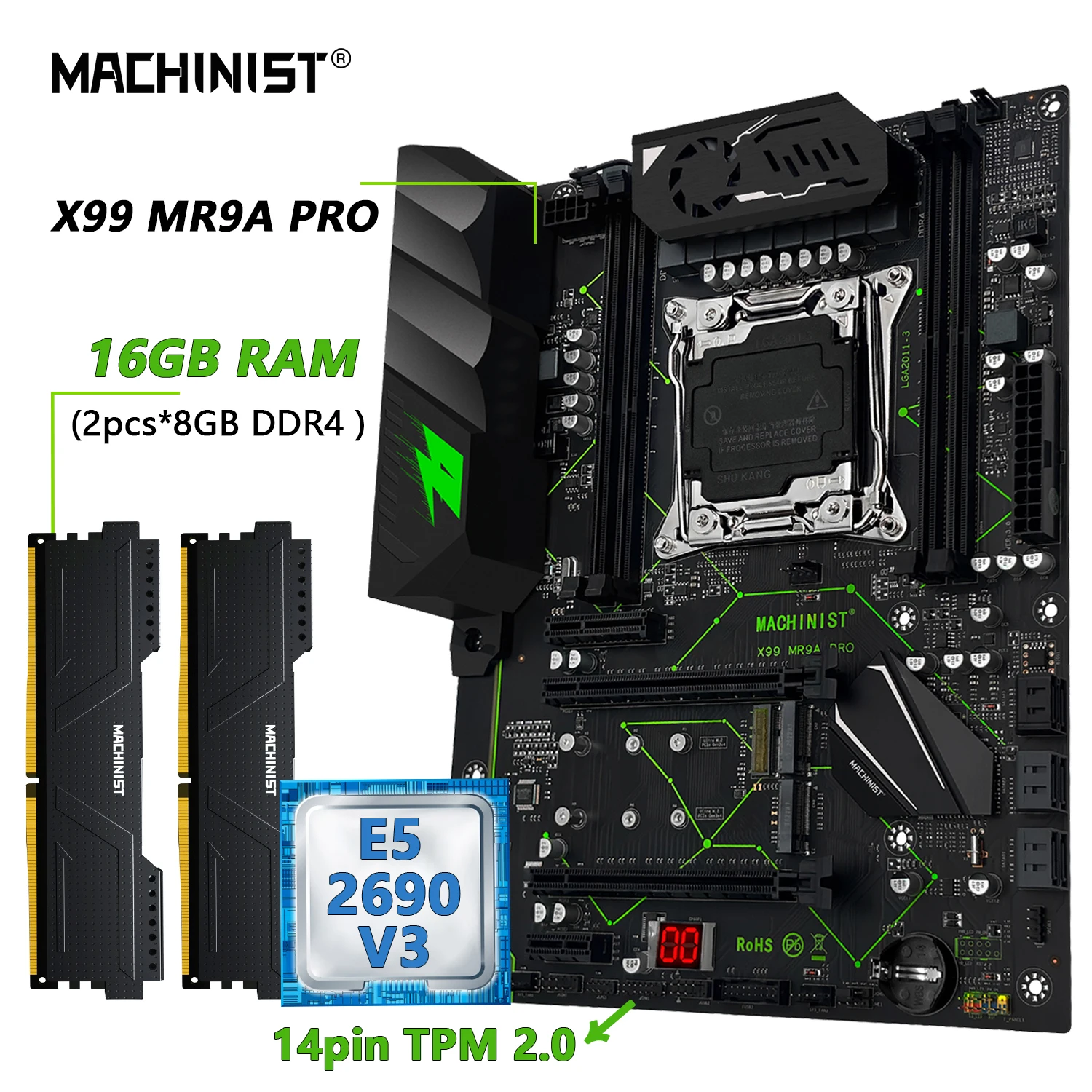 마키니스트 MR9A PRO X99 메인보드 세트 키트 LGA2011-3 Xeon E5 2690 V3 CPU DDR4 16GB (2*8GB) 2666MHz RAM TPM 2.0 옵션 콤보