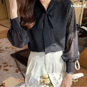 정상가:59,000원ㅣ페미닌 리본넥 도트 쉬폰 블라우스 (WIACBL047)