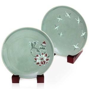 명품 송월 도자기접시청자 22센티