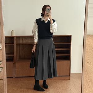 [제작] 에나 더블 플리츠 뒷밴딩 롱 스커트 84083 빅사이즈 여성의류