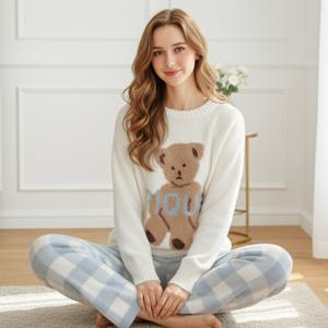 에르빌 겨울 여성 곰돌이 극세사 체크 수면 잠옷 기모 파자마 홈웨어 세트 P62