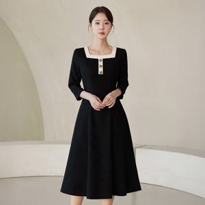 (~XXL까지) 엘라즈 스퀘어 배색 플레어 원피스 봄 가을 오피스룩 하객룩 데이트룩 모임룩 미시룩 빅사이즈