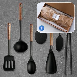 [선물포장] 모코 블랙 우드핸들 실리콘 조리도구세트 7종 / 뒤집개 국자 볶음 요리 스푼 스패출라 알뜰주걱 밥주걱 주방집게