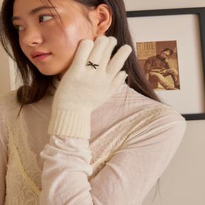 화이트 블랙 리본 장식 포인트 핑거홀 터치 장갑 JAGV5F811 WT