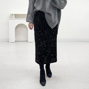 [브리치]  / 반짝 h라인 벨벳 스팽글 뒤트임 밴딩 롱 스커트 빅사