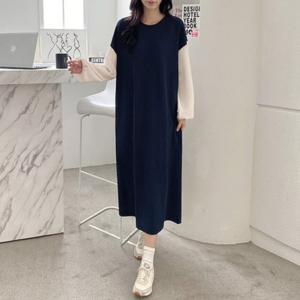 여성 미디원피스(무릎길이)/여성 소프트터치 와플 소매 롱원피스