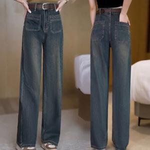여자 트랜드 데님 팬츠 하이웨이스트 넓적다리 스트레이트 데님 팬츠