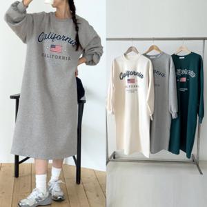 여성 기모 롱 원피스 라운드넥 캐주얼 빅사이즈 겨울 오버핏 홈웨어 신상 레터링 면