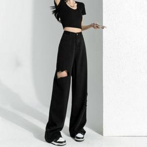 여자 바지 하이웨스트 일자핏 찢어짐 디스트로이드 와이드 데님팬츠