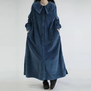 가을 겨울 루즈핏 모던 프릴넥 빈티지 원피스 코듀로이 날씬해 보이는 롱스커트