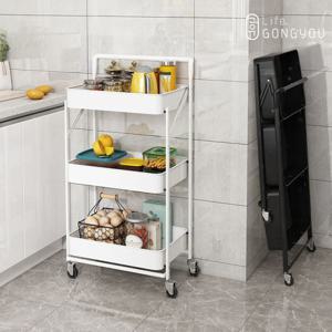 플라스틱 NO 튼튼한 철제 폴딩 이동식 트롤리 3단 공간활용 원터치 정리 수납 이동식 손잡이 카트 2color