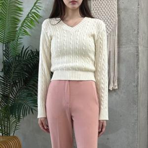 여성 브이넥/여자 여성 크리미 꽈배기 V넥 긴팔 니트