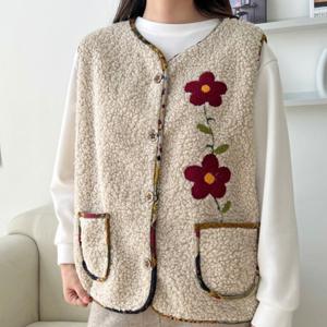 링링 겨울 뽀글이 꽃 포인트 단추 여성 양털 조끼