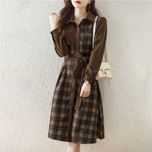 KNMAT체크 가을 여성 코디원피스 여성원피스 가을용 카라 셔츠원피스 체크무늬 스트링 숏 캐주얼 빅사이즈