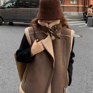 데일리 여자조끼 양털조끼 오버핏 지퍼 빅카라 민소매 가죽 아우터 바람막이