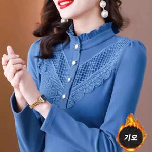 여성 듀얼 보온 플란넬 셔츠 고급스러운 레이스 칼라 블라우스 루즈핏 정장남방