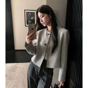 KNMAT빈티지 라운드 싱글 톱 여 스트라이프 루즈핏 가을 여성 코트 하프 트위드 재킷