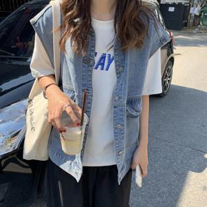 여성 오버핏 데님 자켓 조끼 청조끼 간절기 베스트