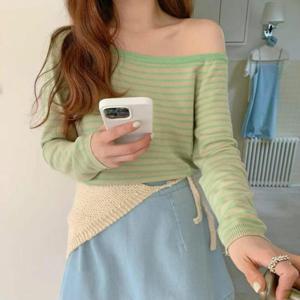 여성긴팔티셔츠 니트티 오프숄더 슬림핏 스트라이프 골지 가을 여자 티셔츠 BLACKTEA28