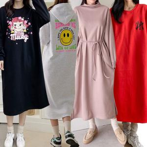 여성 기모 겨울 롱 원피스 라운드 카라 셔츠 빅사이즈 긴팔 면 홈웨어 하객 루즈핏