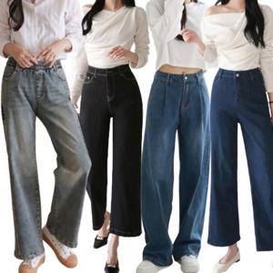 여성 청바지 밴딩 와이드 데님 팬츠 통 바지 빅사이즈 블랙 가을 기모 겨울 사계절 배기 부츠컷