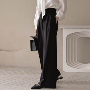 여성 긴바지/떳다그녀 랩쳐 브이 절개 투핀턱 차르르 깔끔한핏 포켓 뒷지퍼 찰랑 정장바지 와이드 슬랙스