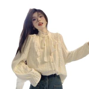 리본 끈 나무 귀밑 레이스 블라우스 이너 여 춘추 디자인감 기모 도톰 이너 셔츠