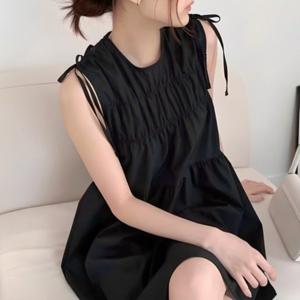 여성 미디원피스(무릎길이)/라라홀리 어깨 리본스트링 라운드넥 셔링 민소매 원피스