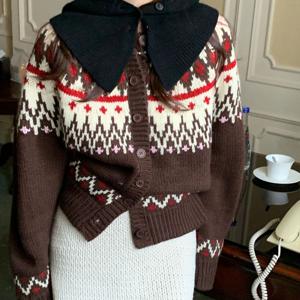 Cotton Bloom 페어 아일랜드 컬러 블록 팝 자카드 가디건 노르딕 니트 가디건