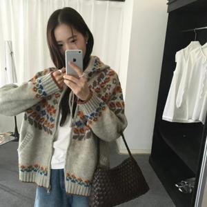 Cotton Bloom 페어 아일 패턴 후드 니트 가디건 캐주얼 노르딕 니트 가디건