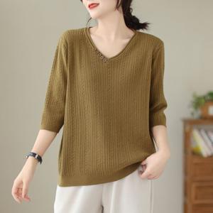 빅사이즈 여성 7부소매 니트티셔츠 베이직 루즈핏 꽈배기 긴팔티 스웨터 데일룩