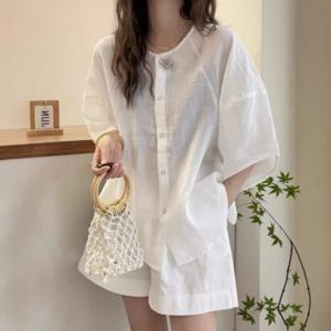 SELEAD 여성반팔셔츠 시어서커셔츠 여름블라우스 말랑말랑한 셔츠 흰색블라우스 반팔블라우스 폴리 셔츠 빅