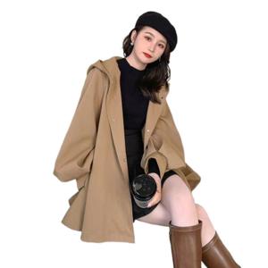 작은키 쇼트 트렌치 여 춘추 한국판 루즈핏 후드 빅사이즈 벌룬 소매 코트
