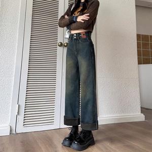 여성 투버튼 워싱 기모 두툼 와이드 청바지 겨울 하이웨스트 일자 통 데님 팬츠 바지