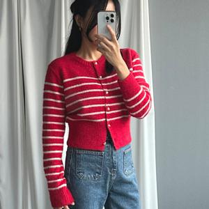 스트라이프 크롭 앙고라가디건 겨울 털빠짐없는 니트 퍼가디건